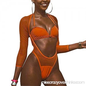JUBILATE Women Two Piece Swimsuit with Halter Neck Backless Bra and Long Sleeve Mesh Cheeky Bottom B07P5LD44B
